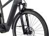 Close-up view of the front fork, wheel, and part of the frame of a bicycle. Produktbild-Vorschau