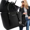 A collage of a black leather tote bag and a woman wearing a blazer and jeans, holding a similar bag. Produktbild-Vorschau