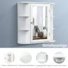 A white bathroom cabinet with a mirror is mounted on a light blue wall. Below the cabinet are four circular images showcasing details of the product. Produktbild-Vorschau