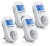 Four white plug-in thermostats with LCD displays are arranged diagonally on a white background. Produktbild-Vorschau