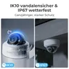 Split image showing two Reolink cameras, one with a blue glow indicating protection and the other in the rain. Produktbild-Vorschau