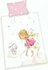 A flat lay of a duvet cover and pillowcase with a fairy and bunny illustration. Produktbild-Vorschau