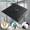 A square black shower head is shown from a slightly elevated angle, with marketing callouts around it. Produktbild-Vorschau