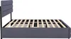 A side view of a gray upholstered bed frame with a slatted wooden mattress support. Produktbild-Vorschau