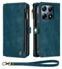 A teal-colored wallet case for a smartphone, shown open and closed, with a wrist strap. Produktbild-Vorschau