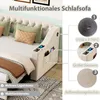 A close-up view of a beige upholstered sofa bed, highlighting its storage features and charging ports. Anteprima dell’immagine prodotto
