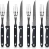 A set of steak knives and forks arranged in a row against a white background. Voir les images du produit