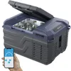 A portable car refrigerator with bottles inside, shown with a smartphone displaying its control app. Produktbild-Vorschau