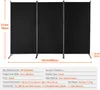 A black, three-panel room divider is shown from the front with dimensions indicated. Voir les images du produit