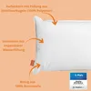 A close-up of a white pillow with descriptive text and arrows pointing to different parts of its construction. Produktbild-Vorschau