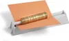 A coin roller with a stack of coins on a piece of orange paper, set against a white background. Produktbild-Vorschau