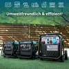 Three inverter generators are displayed on a grassy lawn in front of a wooden fence. The background shows trees and foliage. Produktbild-Vorschau