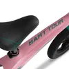 Close-up of a pink balance bike seat and frame with green text. Produktbild-Vorschau