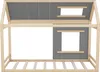 A wooden house-shaped bed frame with gray panels and window cutouts, shown from the front. Podgląd zdjęcia produktu