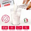 A hand pouring white powder from a bag labeled "Fil Ceramic" into a clear cup with liquid, creating a white mixture. Several red marketing badges with icons and text are displayed at the bottom. Podgląd zdjęcia produktu
