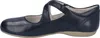 A side view of a single navy blue ballerina shoe. Voir les images du produit