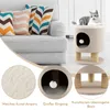 A collage of images showing a cat tree, a sofa with pillows, and close-ups of the cat tree's materials and entrance. Voir les images du produit