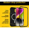 A black iPhone case is shown with an iPhone 14 inside, highlighting its features. Podgląd zdjęcia produktu