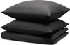 A stack of folded bedding items, including pillows and a duvet cover, in a dark gray or black color. Voir les images du produit