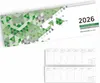 A desk calendar for the year 2026 with a geometric green and gray pattern on the cover and a view of the inner pages showing a weekly layout. Produktbild-Vorschau