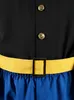A close-up view of a costume, showing the upper part of the torso with a black shirt, a yellow belt with a gold buckle, and a blue lower section. Anteprima dell’immagine prodotto