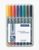 A set of 8 Staedtler Lumocolor non-permanent markers in a clear plastic case. Voir les images du produit