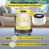 A yellow and white wet/dry vacuum cleaner is shown on a carpeted floor, with text overlays describing its filtration system. Produktbild-Vorschau