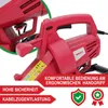 A close-up marketing image of a red leaf blower, highlighting its features with text overlays. Produktbild-Vorschau