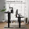Two standing desks are shown in an office setting with a window in the background. One desk is set up with a computer monitor, keyboard, and headphones. The other desk has a monitor, tablet, and a mug. Produktbild-Vorschau