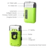 Two views of a green and silver mini air/water pump with labels pointing to its features. Voir les images du produit