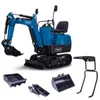 A blue mini excavator with various attachments displayed around it, all on a white background. Produktbild-Vorschau