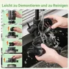 A collage of four images showing the steps to disassemble and clean a slow juicer, with a larger image of someone rinsing parts of the juicer under a faucet. Produktbild-Vorschau