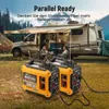Two portable generators are set up in front of a recreational vehicle (RV) with an awning extended, suggesting an outdoor camping or travel scenario. Produktbild-Vorschau