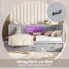 A bed with storage drawers and LED lighting, presented in a marketing collage with text overlays and a close-up detail. Podgląd zdjęcia produktu