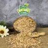 A bowl of birdseed with a wooden scoop and a flower on a burlap surface, with a logo in the background. Produktbild-Vorschau