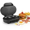 A hamburger maker is shown open, with a prepared hamburger, french fries, ketchup, bacon, and a fried egg arranged around it. Podgląd zdjęcia produktu