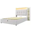 A product shot of a bed frame with a headboard and integrated shelving. Produktbild-Vorschau