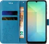 A blue flip cover phone case with card slots and a banknote is shown open, revealing a smartphone screen. Produktbild-Vorschau