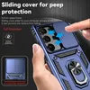 A hand is holding a blue phone case with a sliding camera cover and a ring holder. The background is dark and textured. Produktbild-Vorschau