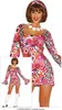 A woman wearing a colorful 1980s-style disco dress and white boots, with a smaller inset image of the same outfit. Produktbild-Vorschau