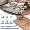 A bed with storage drawers and nightstands, with icons and text highlighting storage capabilities. Produktbild-Vorschau