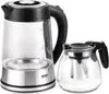 A glass electric kettle and a glass teapot are shown against a white background. Produktbild-Vorschau