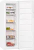 A white upright freezer with the door open, showing several drawers filled with food items. Produktbild-Vorschau