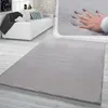A soft, gray rug is shown in a living room setting with a white sofa and a close-up inset showing a hand pressing into the rug's plush surface.