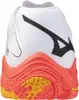 The back view of a white athletic shoe with orange and yellow accents on the sole. Produktbild-Vorschau