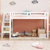 A child's bedroom with a white loft bed, toys, and cloud-themed wallpaper. Produktbild-Vorschau