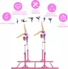 Two gymnasts performing on parallel bars, surrounded by marketing icons and text. Anteprima dell’immagine prodotto