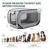 A diagram showing a pet carrier with dimensions and a visual guide to pet sizes. Produktbild-Vorschau