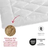 A close-up of a white quilted blanket with a small circular inset showing camel hair and several certification logos and text. Produktbild-Vorschau