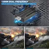 Collage showing a USB Wi-Fi adapter, one image comparing connection speeds in a video game scenario, and another image showing the product breaking through a wall. Produktbild-Vorschau